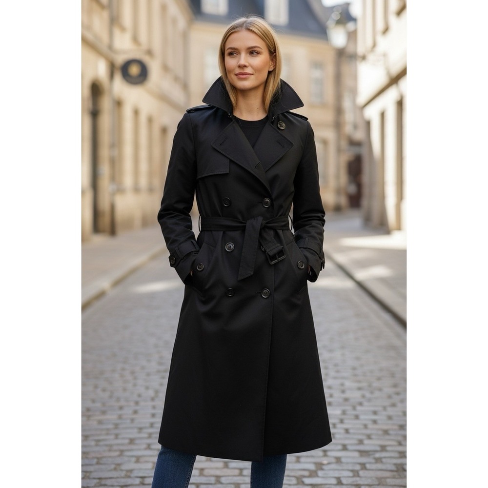 Women's Vintage Y2K DKNY Black long trench coat 10 Button Sz XS
